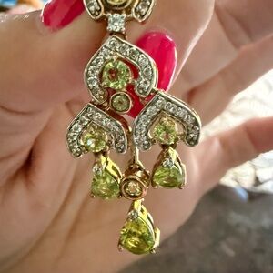 Two tone sterling over gold chandelier earrings with peridot and diamond stones